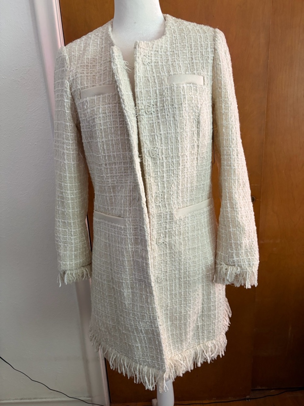 NWT Vertigo Paris Tweed Fringe Mini Dress Ivory Cream XS